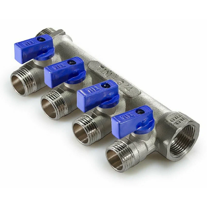 Коллектор 1"вн.нар. х 4вых.1/2" нар RVC шаровый (в комплекте с синими ручками)    (  1601 )